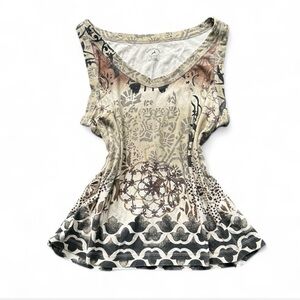 Vtg White Stag Cream brown pattern Graphic Tank Top L cotton Y2K boho glitter